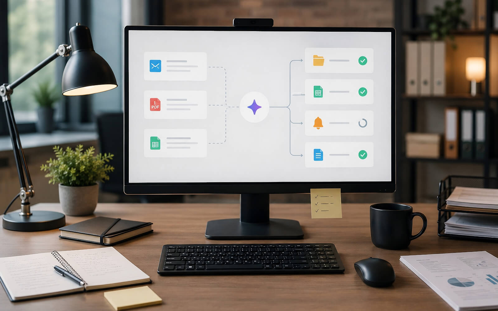 Écran montrant des flux d’automatisation entre mails, PDF, tableaux et dossiers