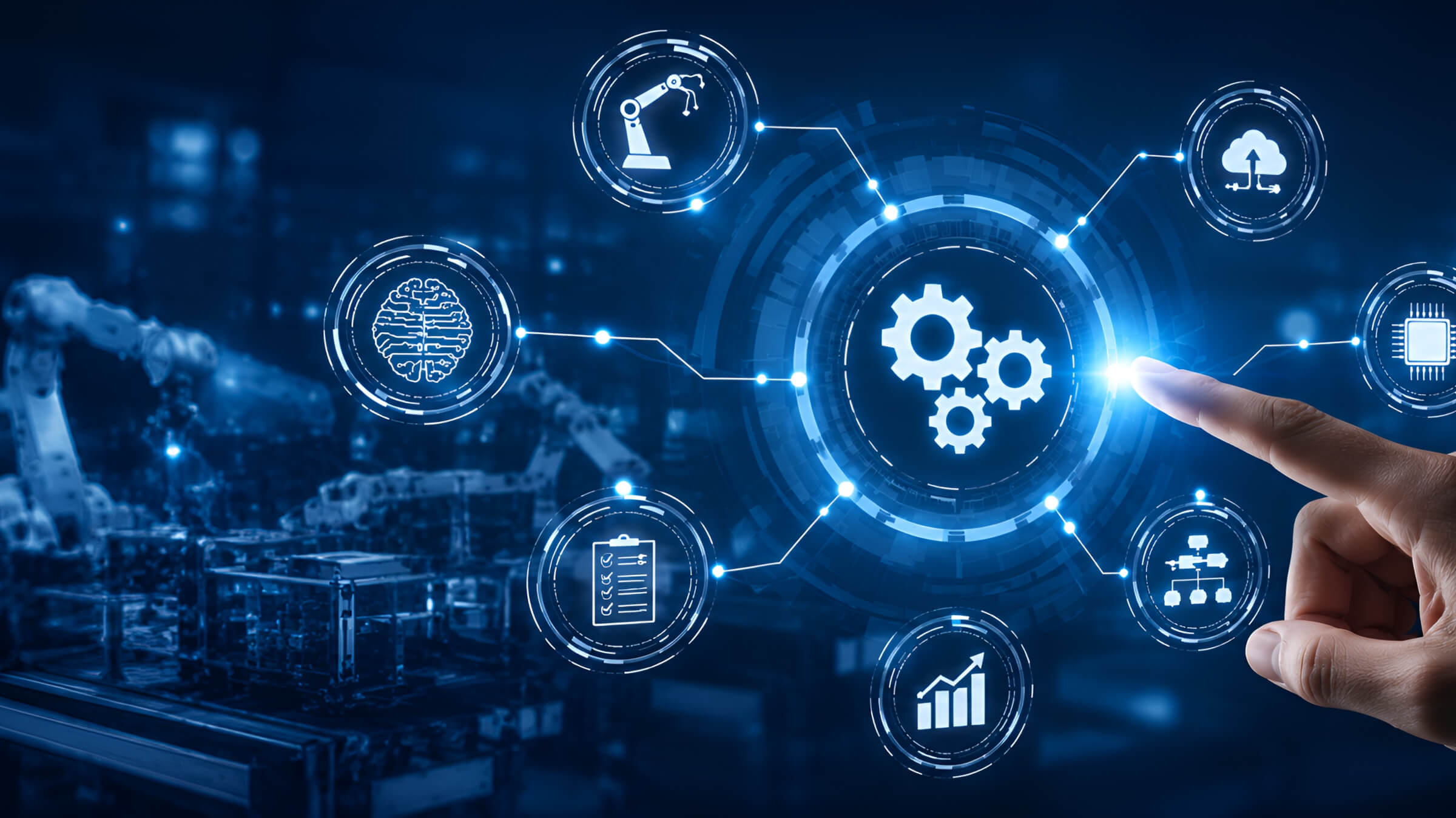 Interface d’automatisation IA avec engrenages, données et robotique