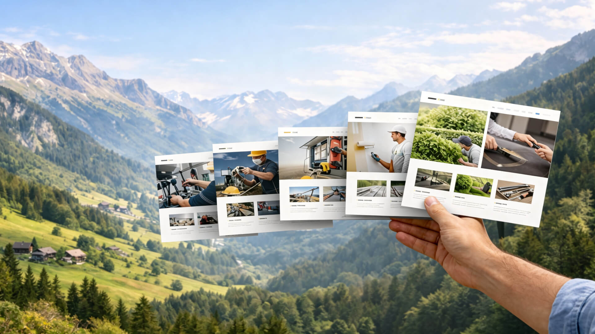Maquettes de sites web pour artisans devant un paysage de montagne