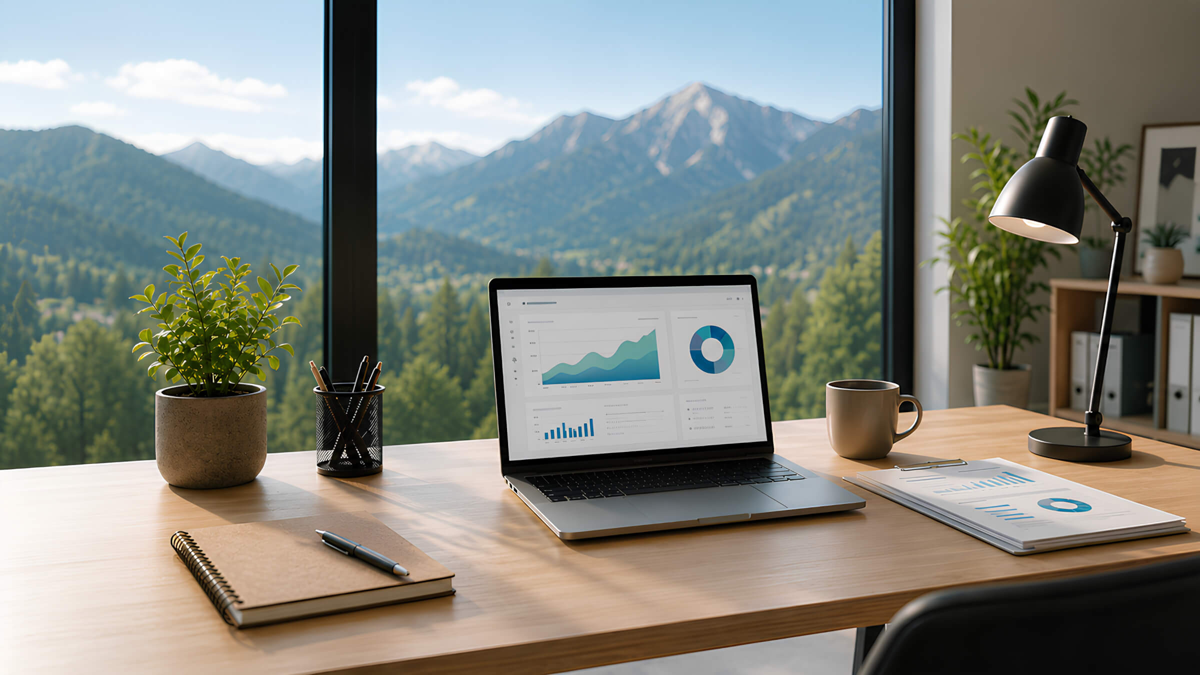 Bureau professionnel avec ordinateur et vue sur les montagnes du Haut-Chablais