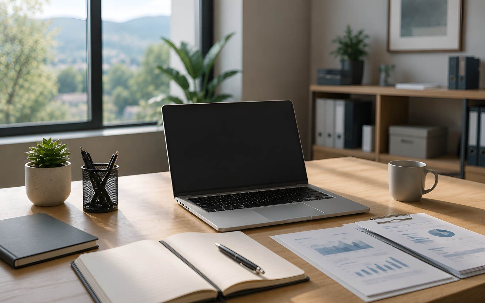 Bureau avec ordinateur, notes et documents de suivi pour organiser les dossiers